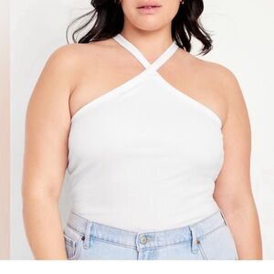 Old Navy Ribbed Diamond Halter Tank Top Built In Bra White XL
